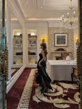 Timeless Mermaid Strapless Black With Ruffles Satin Long Prom Dresses Inspo Semi Formal Gown HZ0311