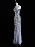 Chic Mermaid Spaghetti Strap Silver Gray Sequins Senior Prom dresses High School Long Formal Dresses HZ0311