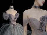 Modest Ball Gown Off The Shoulder Silver Tulle Prom Dresses Inspiration Party Gowns Princess Formal Dress HZ0311