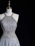 Chic A line Halter Silver Gray Sequins Senior Prom dresses High School Long Formal Dresses HZ0311