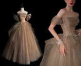 Elegant Ball Gown Off The Shoulder Champagne With Sleeves Tulle Inspiration Long Prom Dresses HZ0311