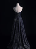 Classy A line Strapless Black Sequins College Formal Outfit Long Prom Graduation Dresses HZ0311