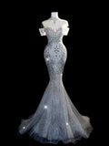 Princess Long Wedding Gowns Mermaid Off The Shoulder White Sequins For Bride With Sleeves Train Bridal Dresses HZ0311