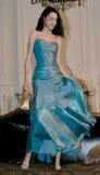 Fashion Burgundy Ruffle Long Prom Dresses Spaghetti Straps Dance Dress HZ0311
