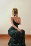 Timeless Dark Green Spaghetti-Straps Sleeveless Prom Dresses Mermaid V-Neck With Lace-Up Back HZ0311