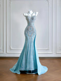Luxurious Mermaid Spaghetti Strap Blue With Silver Beaded Prom Dresses Long Evening Formal Birthday Party Gowns HZ0311