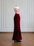 Romantic Mermaid Strapless Pink Top Satin Burgundy Velvet Long Prom Dresses Impress 18th Birthday Outfits Party Gown HZ0311