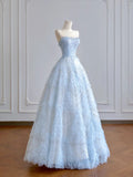 Timeless Ball Gown Strapless Light Sky Blue Tulle Long Prom Dresses Inspiration Party Gowns HZ0311