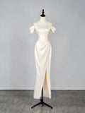Modest Mermaid Off The Shoulder With Sleeves White Satin Wedding Gown Long Fairytale Summer Wedding Dresses HZ0311