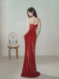 Simple Mermaid One Shoulder Burgundy Sequin Long Prom Dresses Formal Gowns Inspo Evening Outfit HZ0311