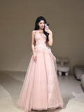 Sweet Ball Gown Strapless Pink Tulle With Lace For Women Party Dress Long Formal Prom Dresses 22th Birthday Outfits HZ0311