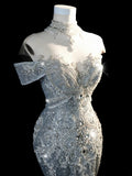 Fairytale Fantasy Art Wedding Dresses Mermaid Off The Shoulder Sequin With Beaded Bodice Long Brides Dress Fitted Bridal Gown HZ0311
