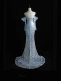 Beautiful Mermaid Off The Shoulder Light Sky Blue Sequin Long Prom Dresses Formal Gowns Inspo Evening Outfit HZ0311