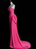 Simple Mermaid Strapless Pink Satin Pleated With Satin Long Prom Dresses Formal Gowns HZ0311