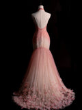 Classy Mermaid Halter Tulle Pink College Formal Outfit Long Prom Dress Graduation Dresses HZ0311