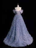 Princess Ball Gown Off The Shoulder Dusty Blue With Appliqued Tulle Long Formal Evening Dress Gowns Formal Prom Dresses HZ0311