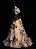 Modest Ball Gown Sweetheart With Puffy Short Sleeves Black Floral Long Prom Dress For Women Girls Evening Dresses HZ0311