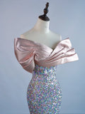 Sparkly Mermaid Off The Shoulder Silver Sequin Short Sleeves Long Prom Dresses Formal Gowns Evening Dress HZ0311