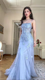 Timeless Mermaid Spaghetti Strap Blue Tulle With Appliques Long Prom Dresses Formal Dress Party 20th Birthday Outfits HZ0311