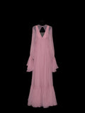 Chic A line V Neck Chiffon Pink Pleated Ruffle Long Prom Dresses Inspiration Evening Gowns Formal Party Prom Dress HZ0311