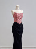Flattering Mermaid Strapless Pink Satin With Velvet Black Prom Dresses Long Evening Formal Birthday Party Gowns HZ0311