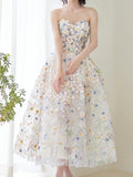 Cute Ball Gown Sweetheart Floral Tulle Tea Length Prom Dresses Formal Gowns Inspo Evening Outfit HZ0311