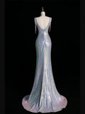 New Mermaid Square Neck Sequins Silver Long Prom Dresses For High School Teens Girls Formal Bridesmaid Dress HZ0311