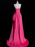 Simple Mermaid Strapless Pink Satin Pleated With Satin Long Prom Dresses Formal Gowns HZ0311