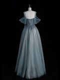 Elegant Ball Gown Off The Shoulder Dusty Grey Tulle Long Prom Dresses For Teens Evening Outfits Formal Dress HZ0311