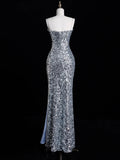 Chic Mermaid Spaghetti Strap Silver Gray Sequins Senior Prom dresses High School Long Formal Dresses HZ0311