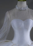 Timeless Wedding Dresses Ball Gown High Neck Satin Beaded Brides Dress Court Train Fitted Long Bridal Gowns HZ0311