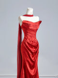 Flattering Mermaid Strapless Red Satin With Scarf Prom Dresses Long Evening Formal Birthday Party Gowns HZ0311