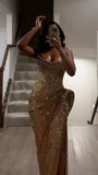 Glamorous Mermaid Strapless Sequins Long Pleated Prom Dress with Split For Teens HZ0311