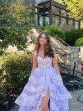 A-Line Lace Off-the-Shoulder Tiered Long Prom Dress with Slit Formal Evening Gowns HZ0311
