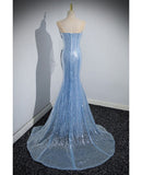 Stylish Mermaid Strapless Sequin Blue Scalloped Prom Dress HZ0311