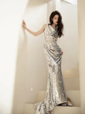 Mermaid Halter Silver Sequin Long Prom Dresses Impress 18th Birthday Outfits Prom Gown HZ0311