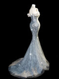 Fairytale Fantasy Art Wedding Dresses Mermaid Off The Shoulder Sequin With Beaded Bodice Long Brides Dress Fitted Bridal Gown HZ0311