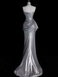 Whimsical Mermaid Strapless Silver Gray Sequin Pleated Bodice Long Prom Dresses Night Formal Dress HZ0311
