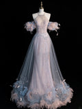 Elegant Mermaid Jewel Neck Tulle With Feathers Long Prom Dresses Formal Party Gowns Vestidos De Dia HZ0311