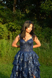 Elegant Ball Gown Sweetheart With Lace Strap Navy Blue Long Pleated Ruffles Slit Prom Dresses Vestidos De Dia HZ0311