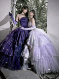 Princess High Low Strapless Purple Satin With Lace Prom Dresses Long Party Dress Grad Formal Evening Gowns HZ0311