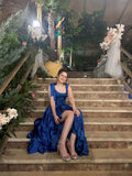 Modest Custom A line Dark Blue Satin Corset Ruffle Princess Prom Dresses Evening Gown HZ0311