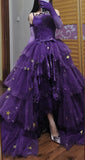 Princess High Low Strapless Purple Satin With Lace Prom Dresses Long Party Dress Grad Formal Evening Gowns HZ0311