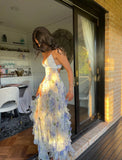Floral Ruffle Maxi Dress Blue Sleeveless Floor Length Backless Prom Dresses HZ0311