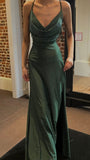 Mermaid Halter Dark Green Spaghetti Straps Silk Satin Long Prom Dress HZ0311
