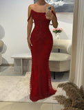 Hot Sale Red Beading Prom Dresses Sparkly Crystal Beads Off-the Shoulder Mermaid Party Dress HZ0311