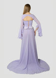 Elegant Mermaid 2 Pieces Square Neck Lilac Chiffon With Sleeves Long Formal Fancy Evening Dress Dinner Outfits Classy Party Gowns HZ0311
