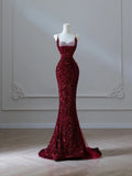 Sparkly Mermaid Spaghetti Straps Sequins Burgundy Long Formal Fancy Prom Evening Dress Dinner Outfits Classy Party Gowns HZ0311