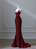 Sparkly Mermaid Spaghetti Straps Sequins Burgundy Long Formal Fancy Prom Evening Dress Dinner Outfits Classy Party Gowns HZ0311