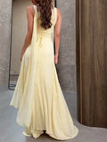 Classy Mermaid Square Neck Slim Yellow Long Formal Fancy Prom Evening Dresses Dinner Outfits Classy Party Gown HZ0311